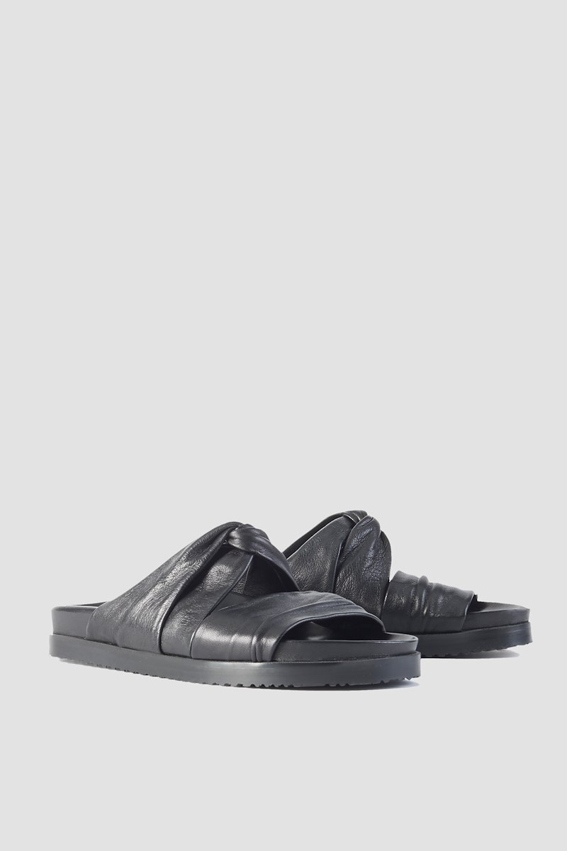 Twisted Pool Slide, Black calf leather twist-detail leather slides from 3.1 PHILLIP LIM featuring twist detailing, open toe, slip-on style, branded insole and flat rubber sole.- 1