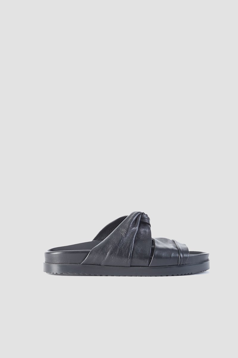 Twisted Pool Slide-black #0 Twisted Pool Slide, Black calf leather twist-detail leather slides from 3.1 PHILLIP LIM featuring twist detailing, open toe, slip-on style, branded insole and flat rubber sole.- 2