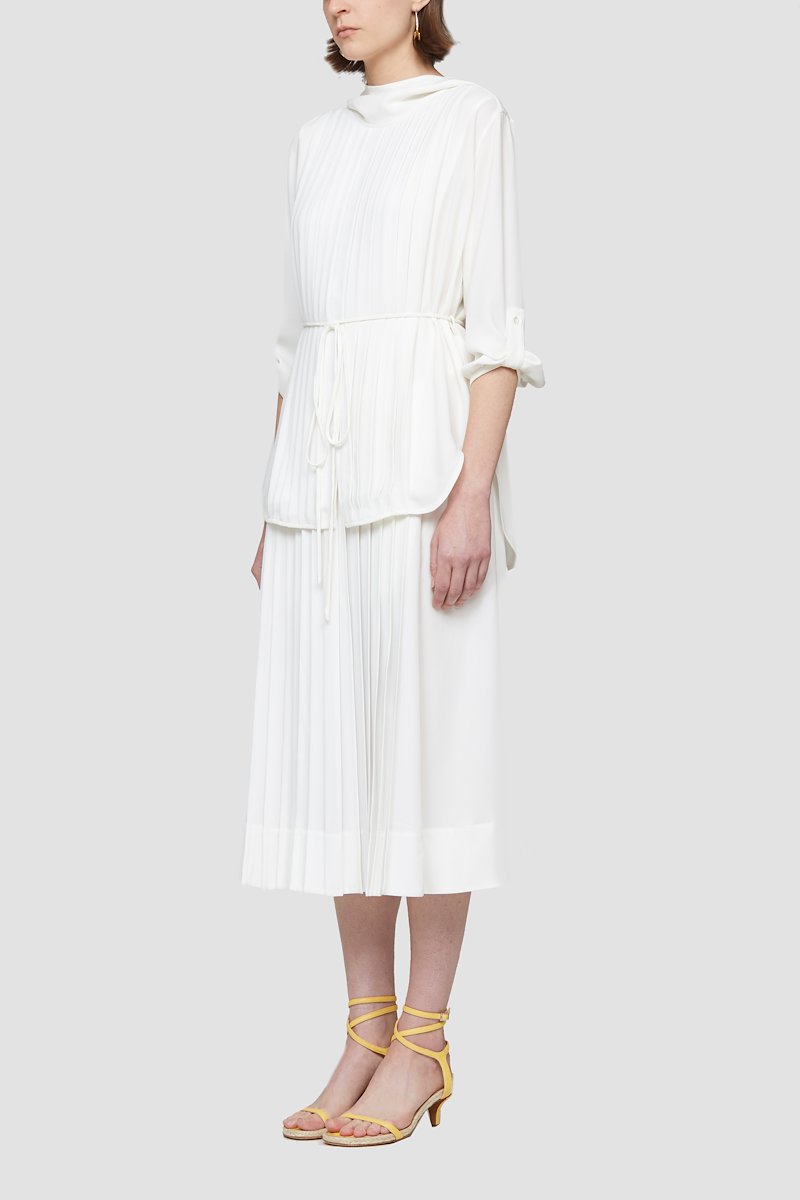 Layered Knife Pleat Dress-white #1 Layered Knife Pleat Dress, Ivory white pleated tie-waist dress from 3.1 PHILLIP LIM featuring flared design, pleat detailing, crew neck, keyhole detail to the rear, long sleeves, tied waist and mid-length.- 3