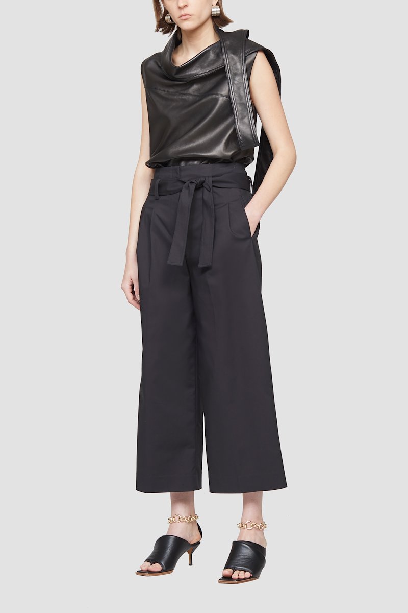 Cropped Tie Waist Trouser-black #0 Cropped Tie Waist Trouser, Black cotton blend paperbag-waist cropped trousers from 3.1 PHILLIP LIM featuring pleat detailing, paperbag waist, two side slit pockets, rear jetted pocket, straight leg, cropped and self-tie fastening.- 0