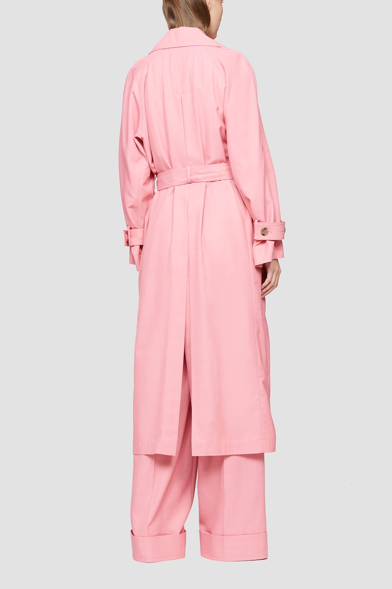 Trench Coat-pink #1 Trench Coat, Rosa pink double-breasted belted trench coat from 3.1 PHILLIP LIM featuring wide notch lapels, double-breasted button fastening, two side flap pockets, tied waist, long raglan sleeves, buttoned cuffs, unlined and central rear vent.- 3