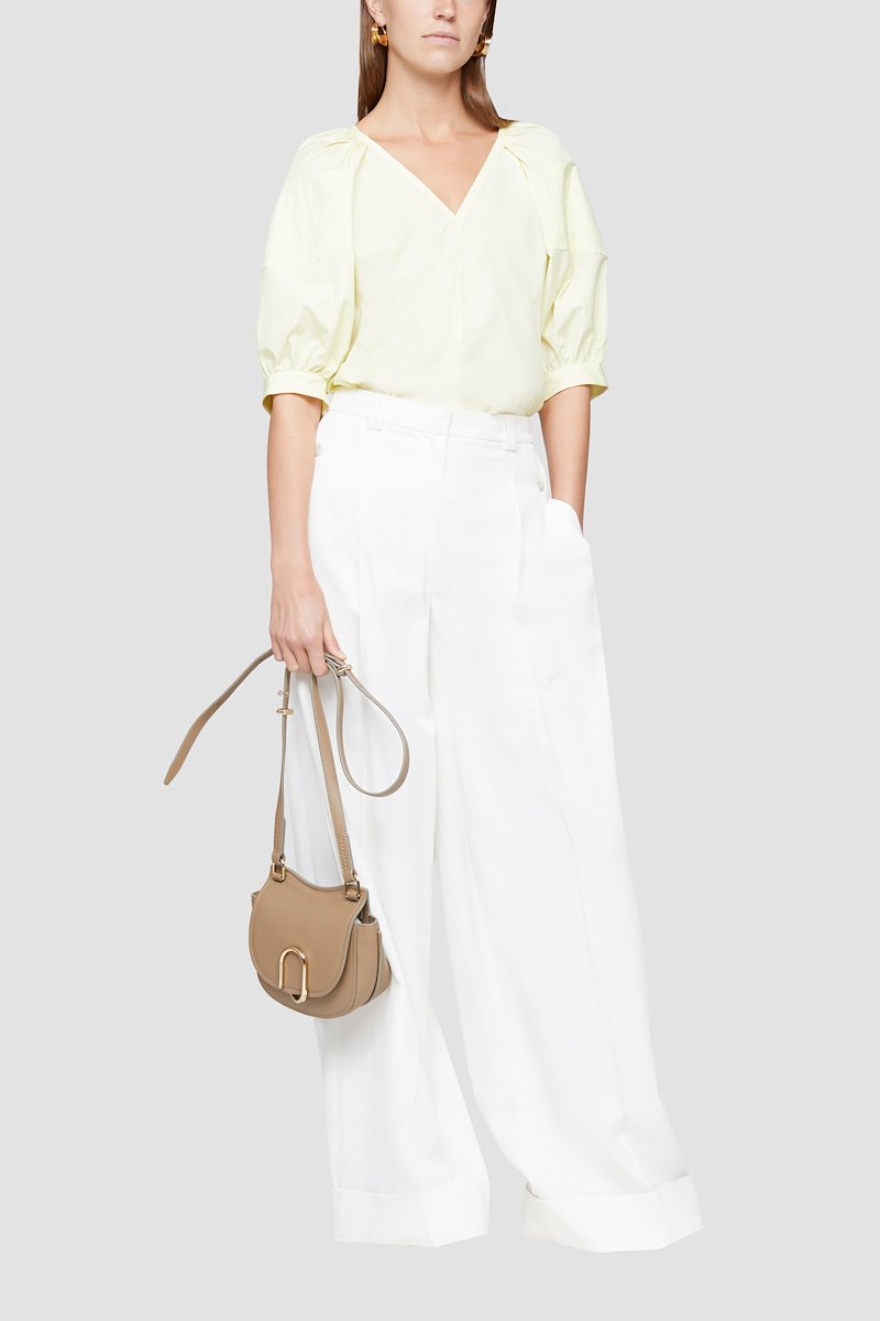 Puff Sleeve Top-yellow #0 Puff Sleeve Top, Pale yellow cotton V-neck short puff-sleeve blouse from 3.1 PHILLIP LIM featuring V-neck, short puff sleeves, concealed rear zip fastening and straight hem.- 0