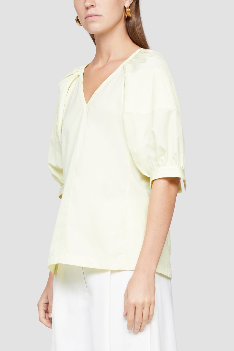Puff Sleeve Top-yellow #0 Puff Sleeve Top, Pale yellow cotton V-neck short puff-sleeve blouse from 3.1 PHILLIP LIM featuring V-neck, short puff sleeves, concealed rear zip fastening and straight hem.- 2