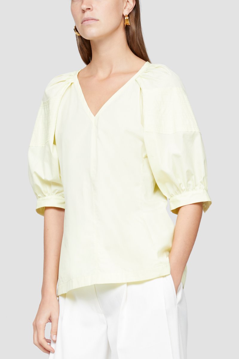 Puff Sleeve Top-yellow #1 Puff Sleeve Top, Pale yellow cotton V-neck short puff-sleeve blouse from 3.1 PHILLIP LIM featuring V-neck, short puff sleeves, concealed rear zip fastening and straight hem.- 1