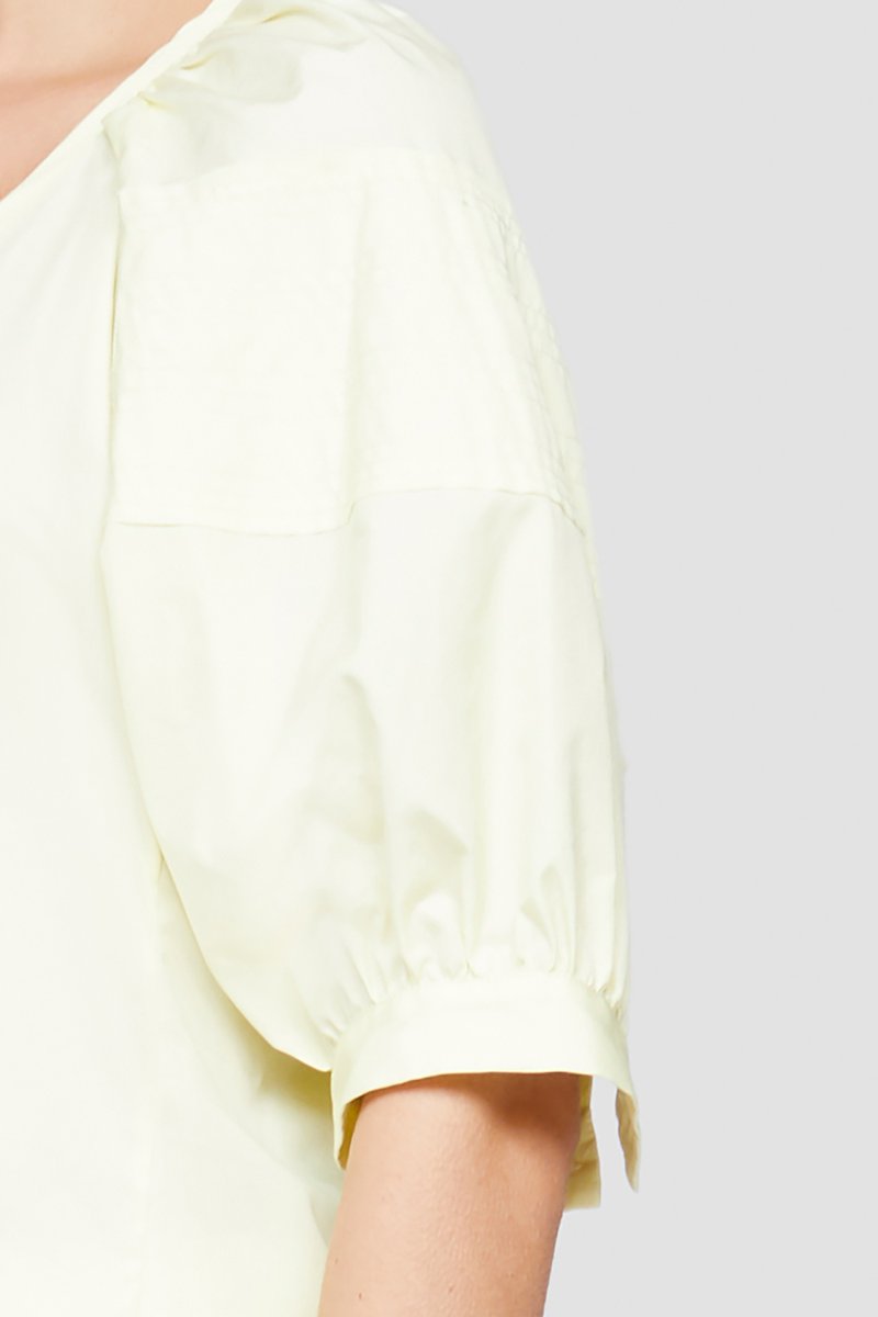 Puff Sleeve Top-yellow #0 Puff Sleeve Top, Pale yellow cotton V-neck short puff-sleeve blouse from 3.1 PHILLIP LIM featuring V-neck, short puff sleeves, concealed rear zip fastening and straight hem.- 4