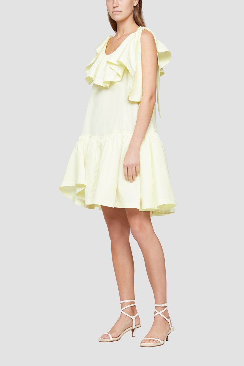 Sleeveless Ruffle Neck Dress-yellow #0 Sleeveless Ruffle Neck Dress, Pale yellow cotton sleeveless ruffle-trim tent dress from 3.1 PHILLIP LIM featuring ruffled trim, sleeveless, side tie fastening, dropped waist and flared.- 2