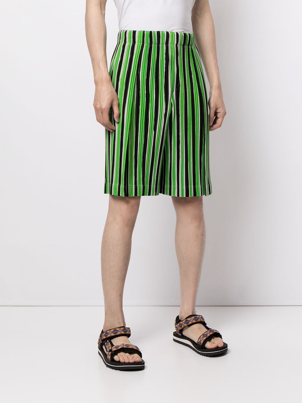 Shop Issey Miyake Striped Plissé Track Shorts In Green