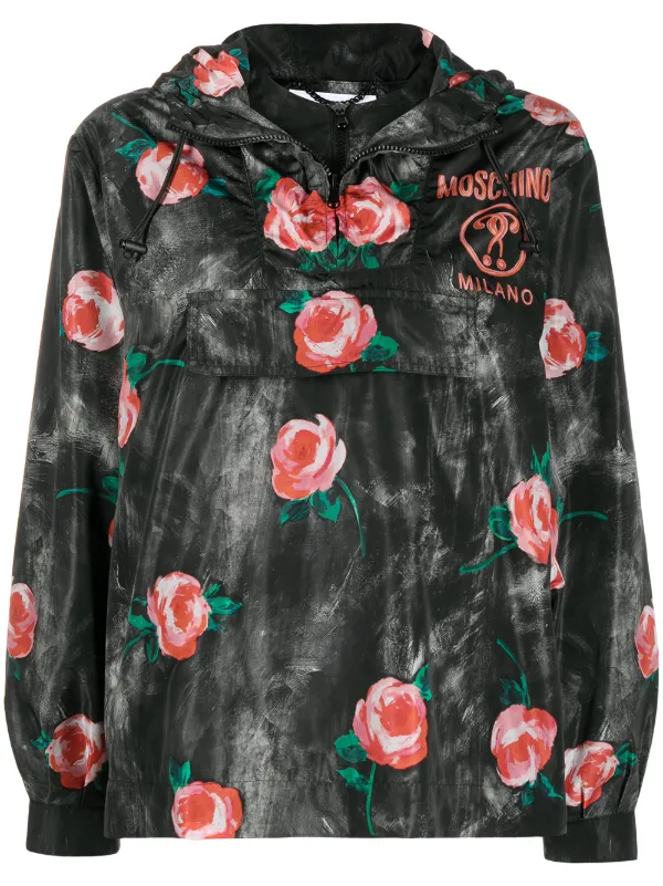 Moschino Rose Pattern Hooded Winbreaker in Black