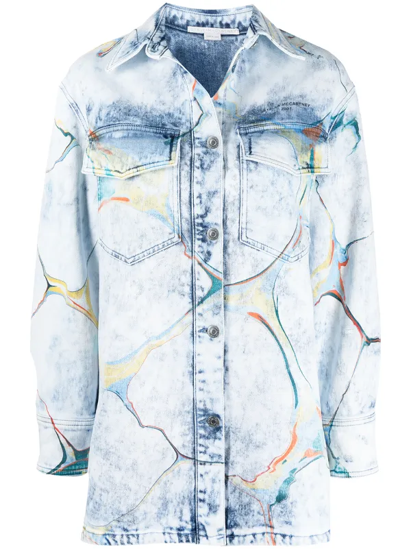 marble-print denim shirt-jacket 