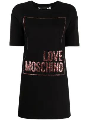 Donna Love Moschino Loose Fit Long Sleeved Dress Maxi Heart with Tulle Ruffle Applique And Logo Print Abito Casual