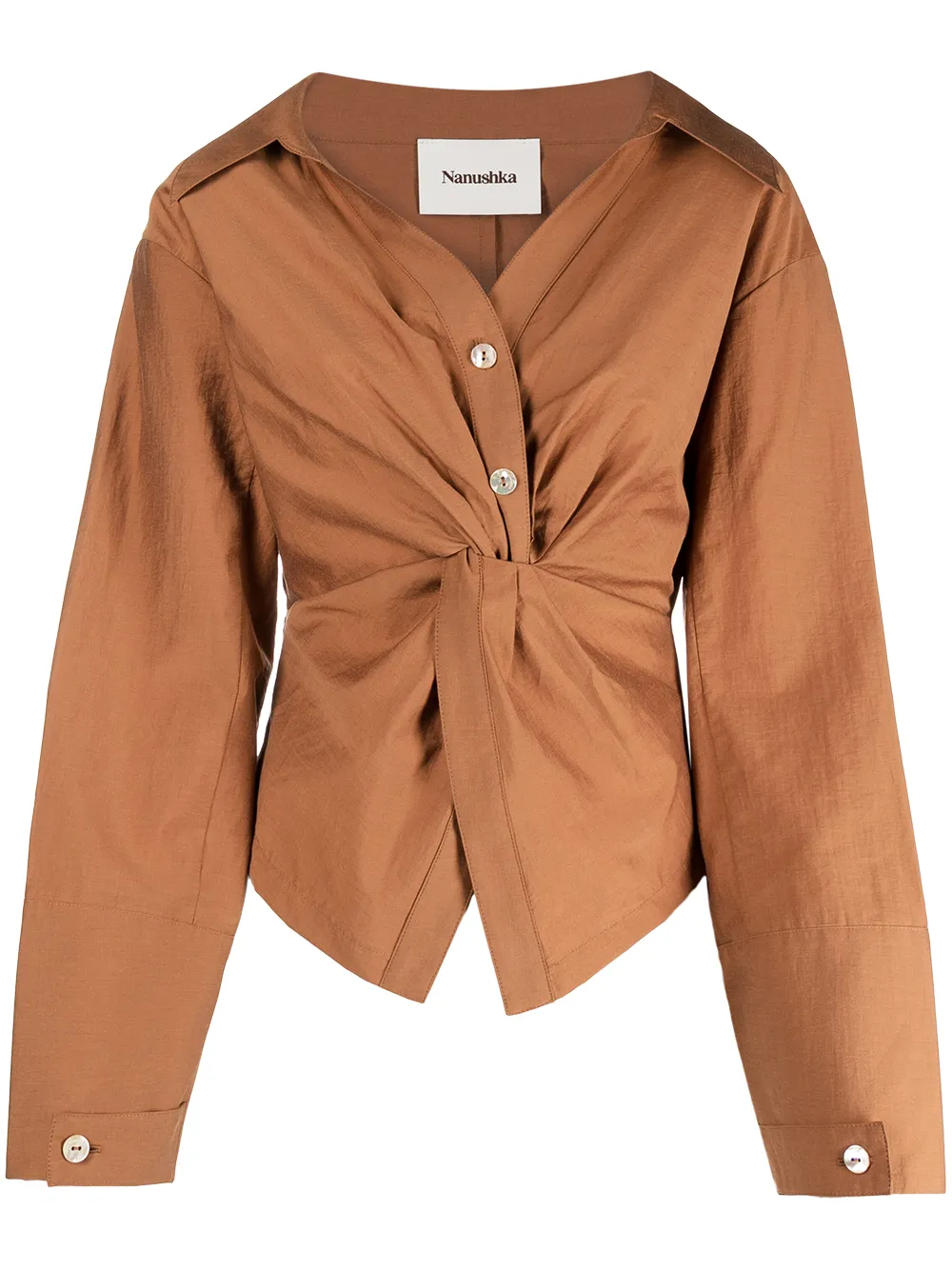 Click to view more detailed imagery on our partner's website Nanushka Long-sleeved Gathered Shirt In Brown