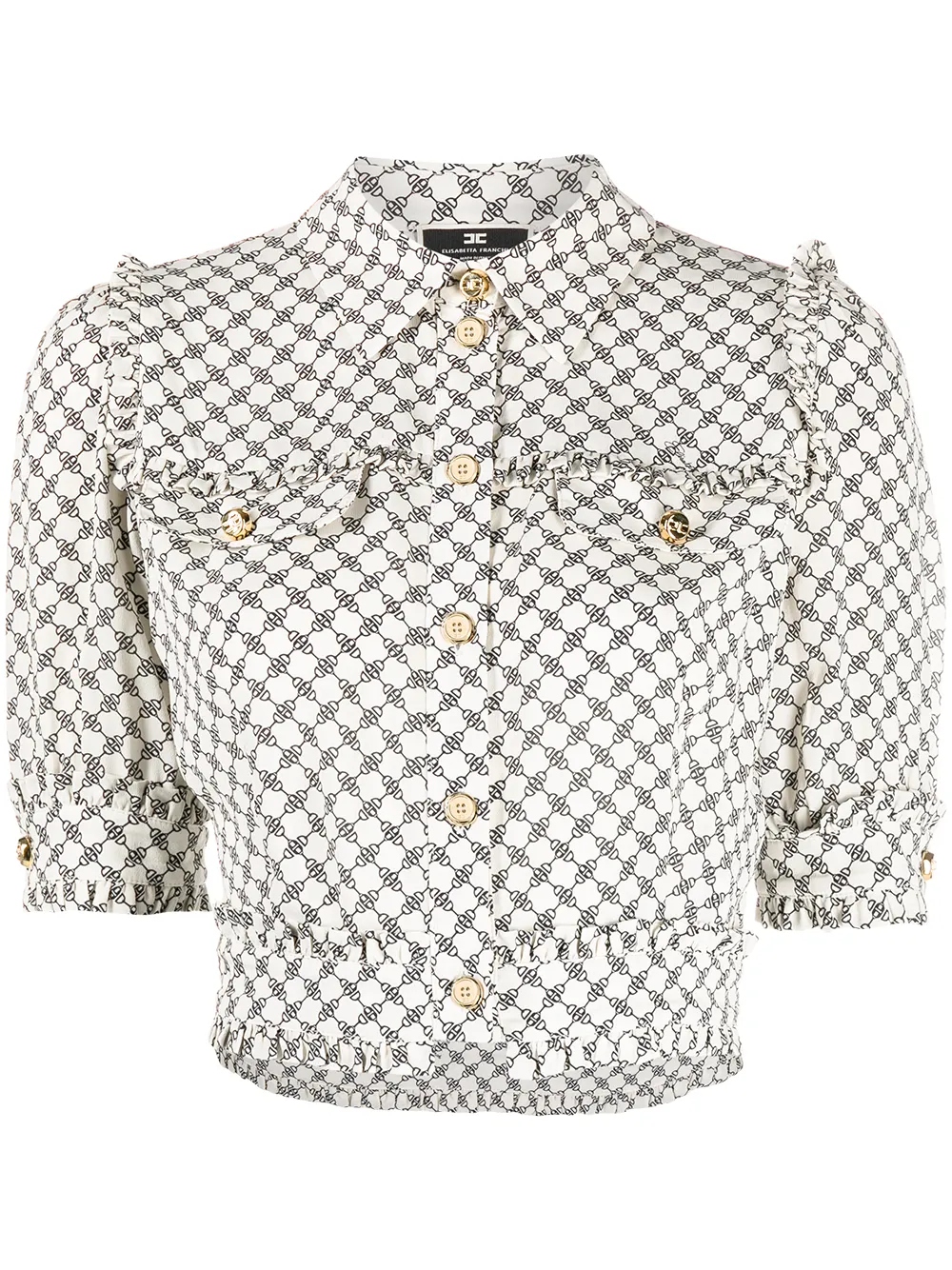 Click to view more detailed imagery on our partner's website Elisabetta Franchi Horsebit Patterned Cropped Shirt In Cream And Black In Neutrals
