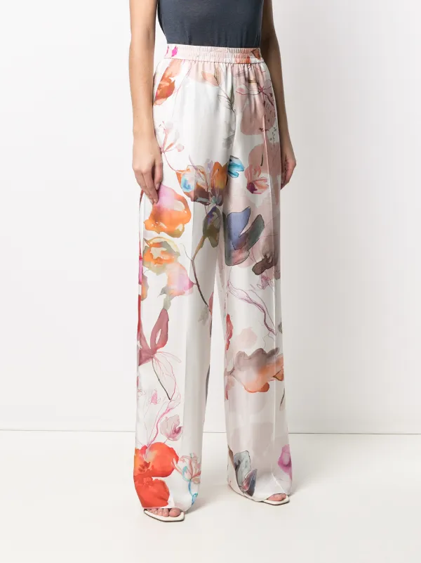 Shop Agnona high-rise floral-print wide 