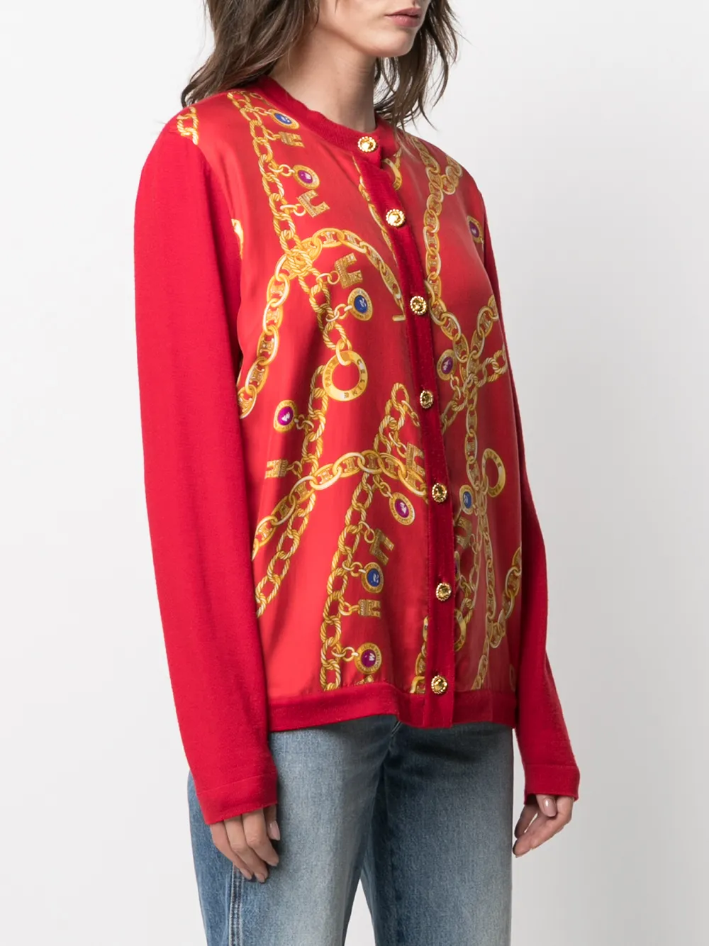 Pre-owned Celine 2000s  Chain Print Round-neck Cardigan In Red