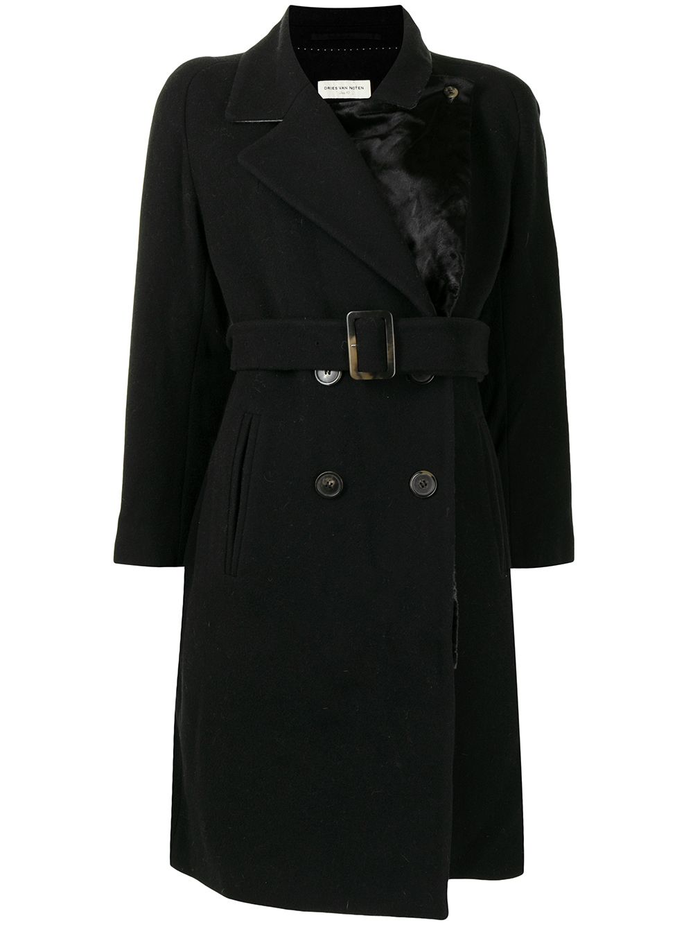 Pre-owned Dries Van Noten Double-breasted Belted Coat In Black