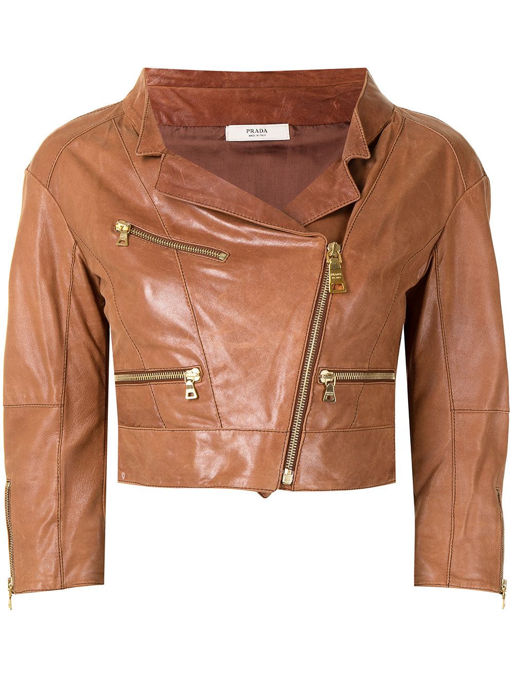 Pre-owned Prada Spread Lapels Cropped Leather Jacket In Brown