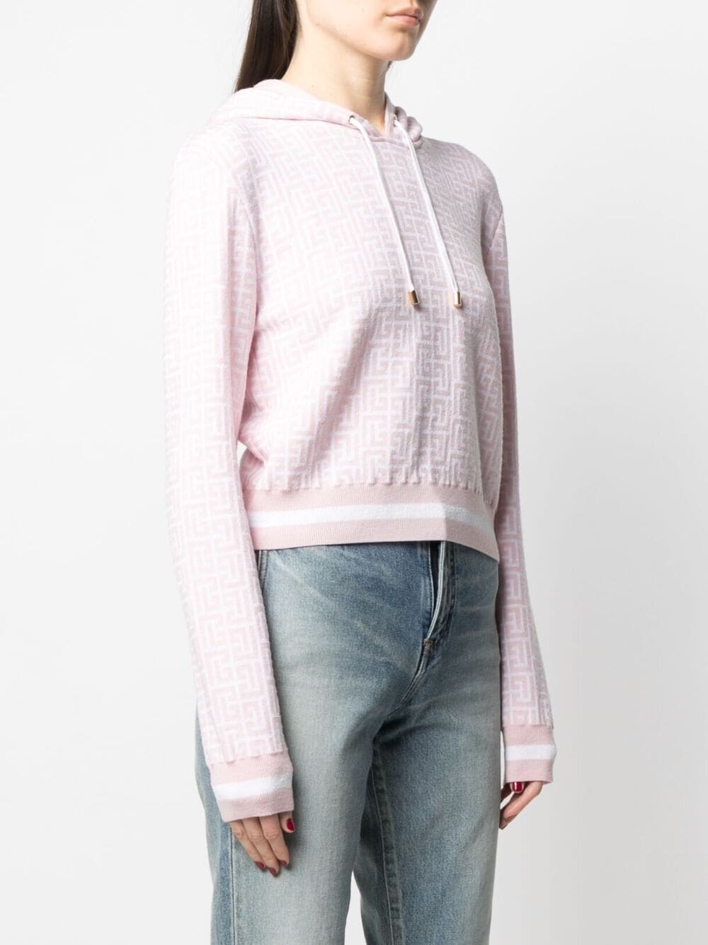 Shop Balmain Monogram Jacquard Cropped Hoodie In Pink