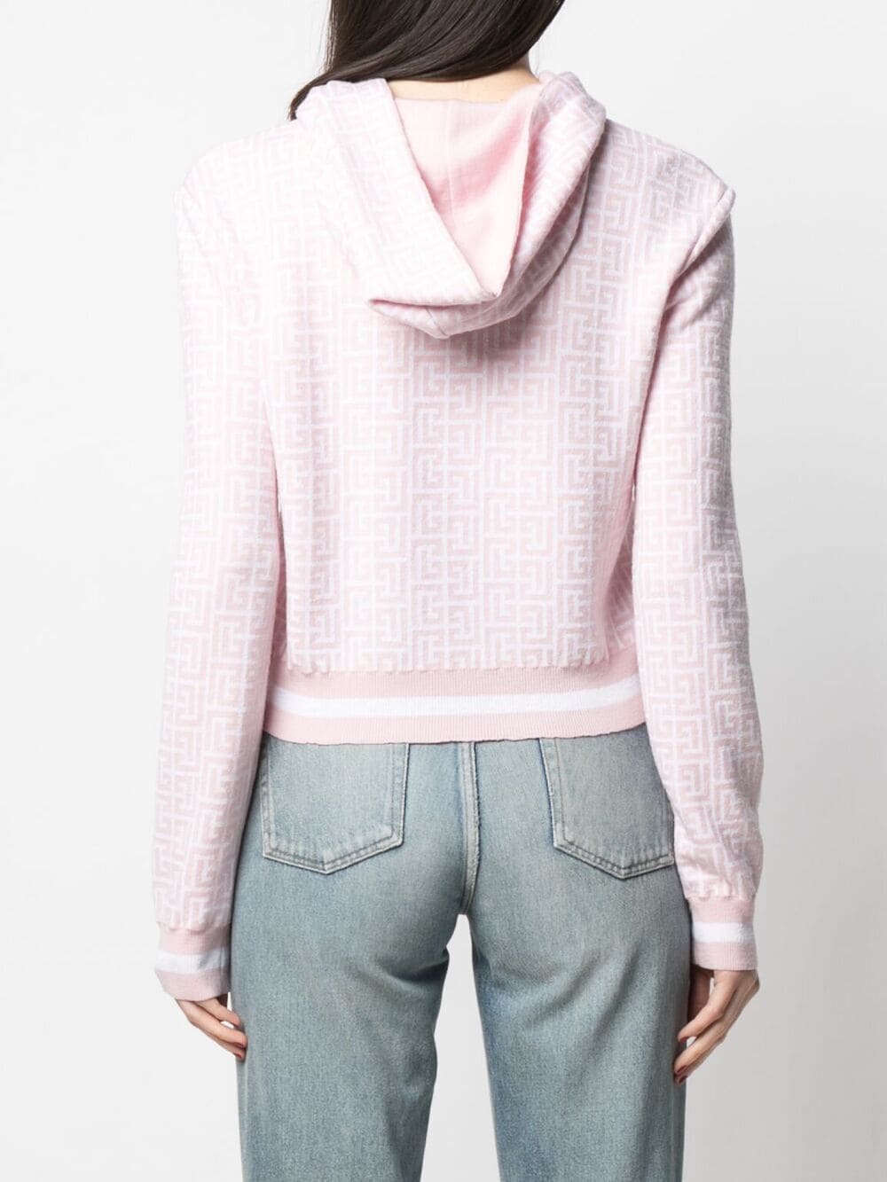 Shop Balmain Monogram Jacquard Cropped Hoodie In Pink