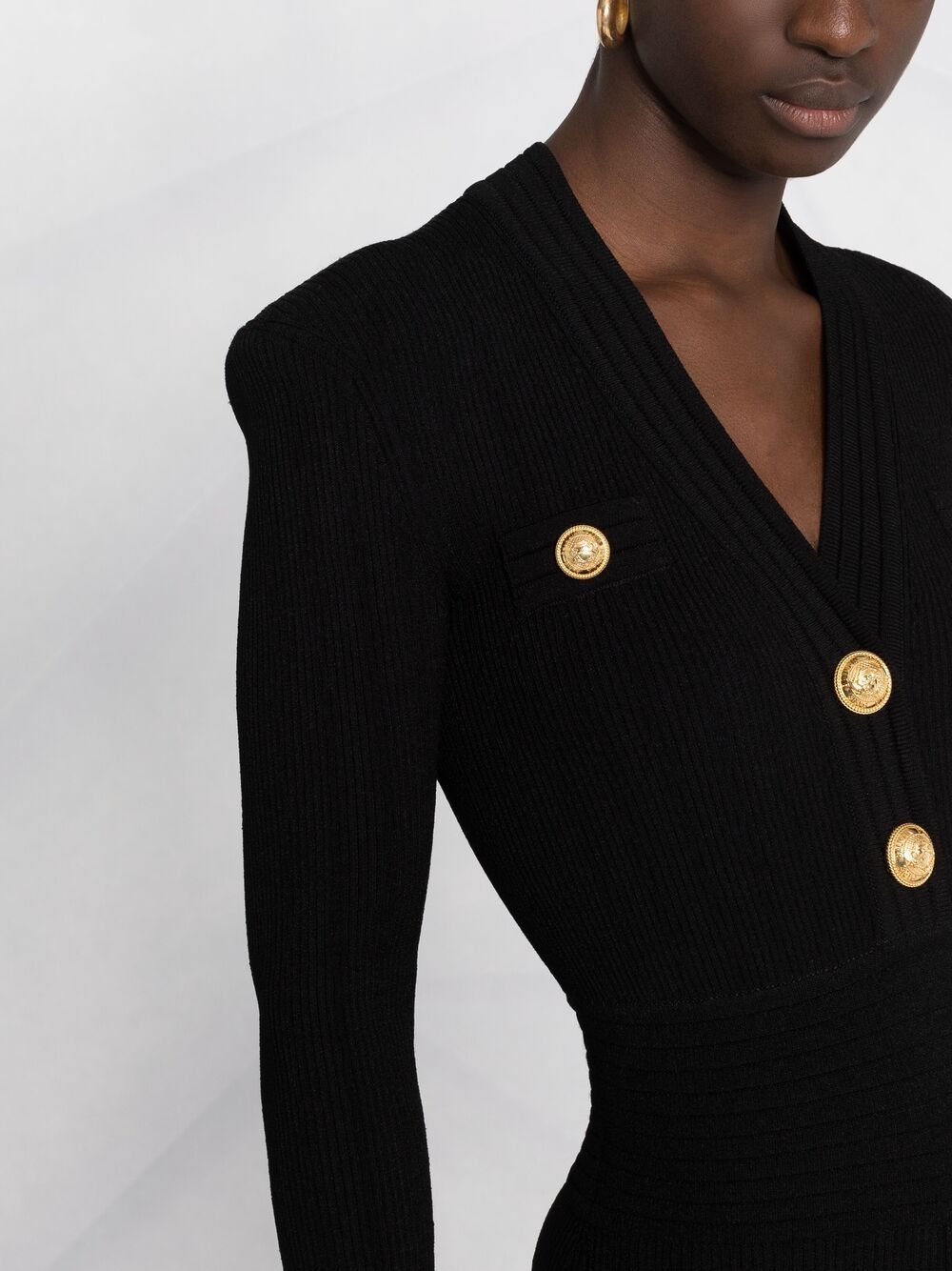Shop Balmain Button-detail Ribbed Mini-dress In Black