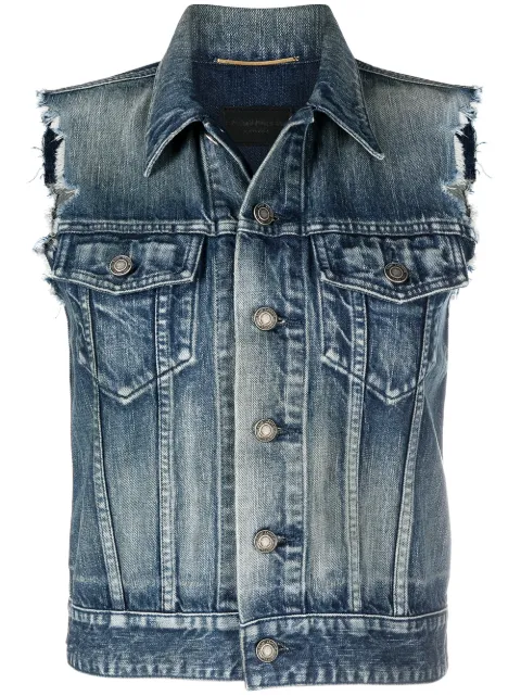 blue sleeveless distressed denim jacket 