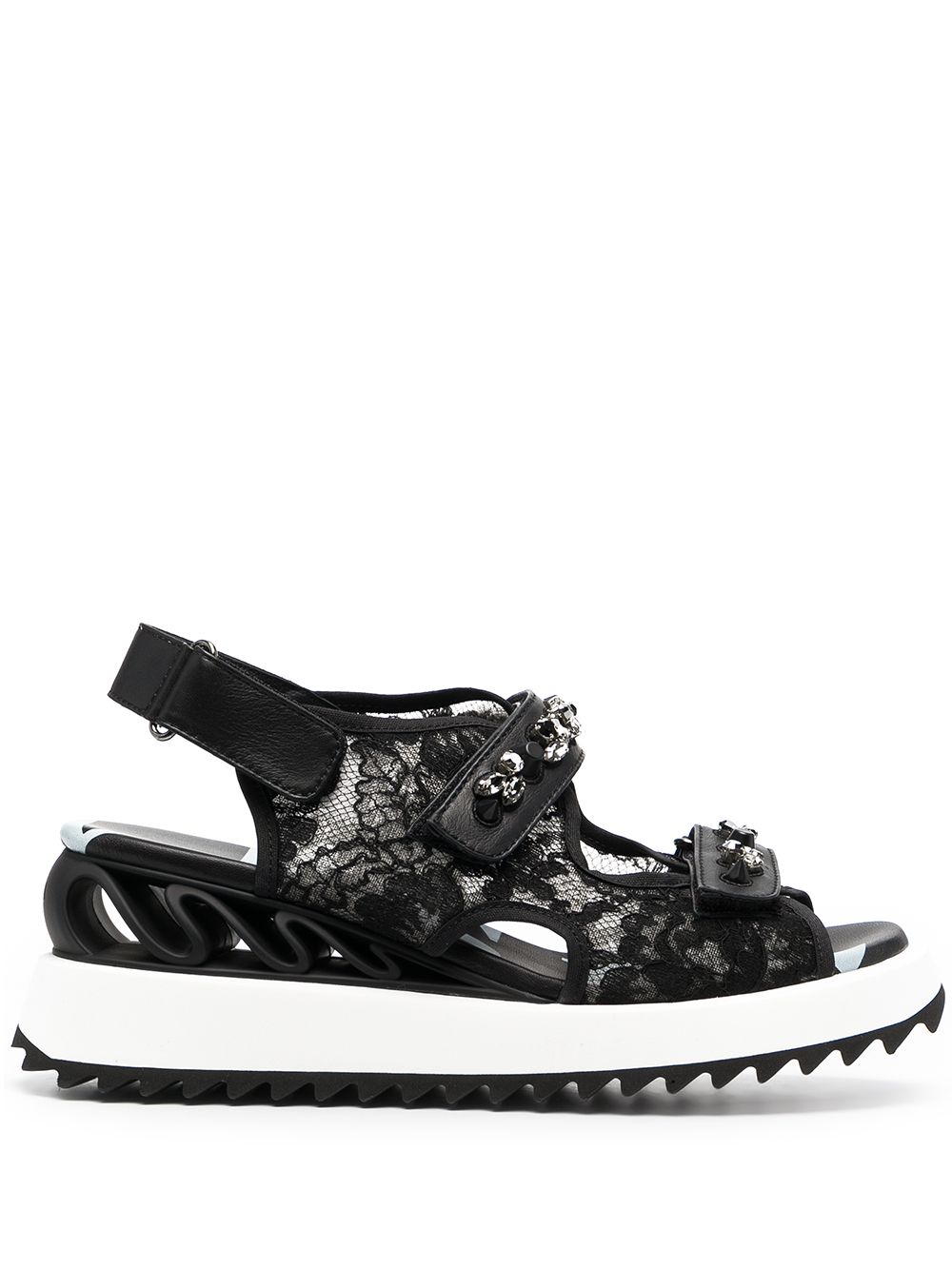 LE SILLA LACE-EMBROIDERED CRYSTAL-DETAIL SANDALS
