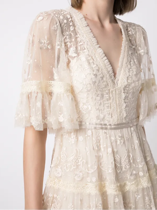 needle and thread ivory dress & floral-embroidered A-line | Neutrals Waist Belted