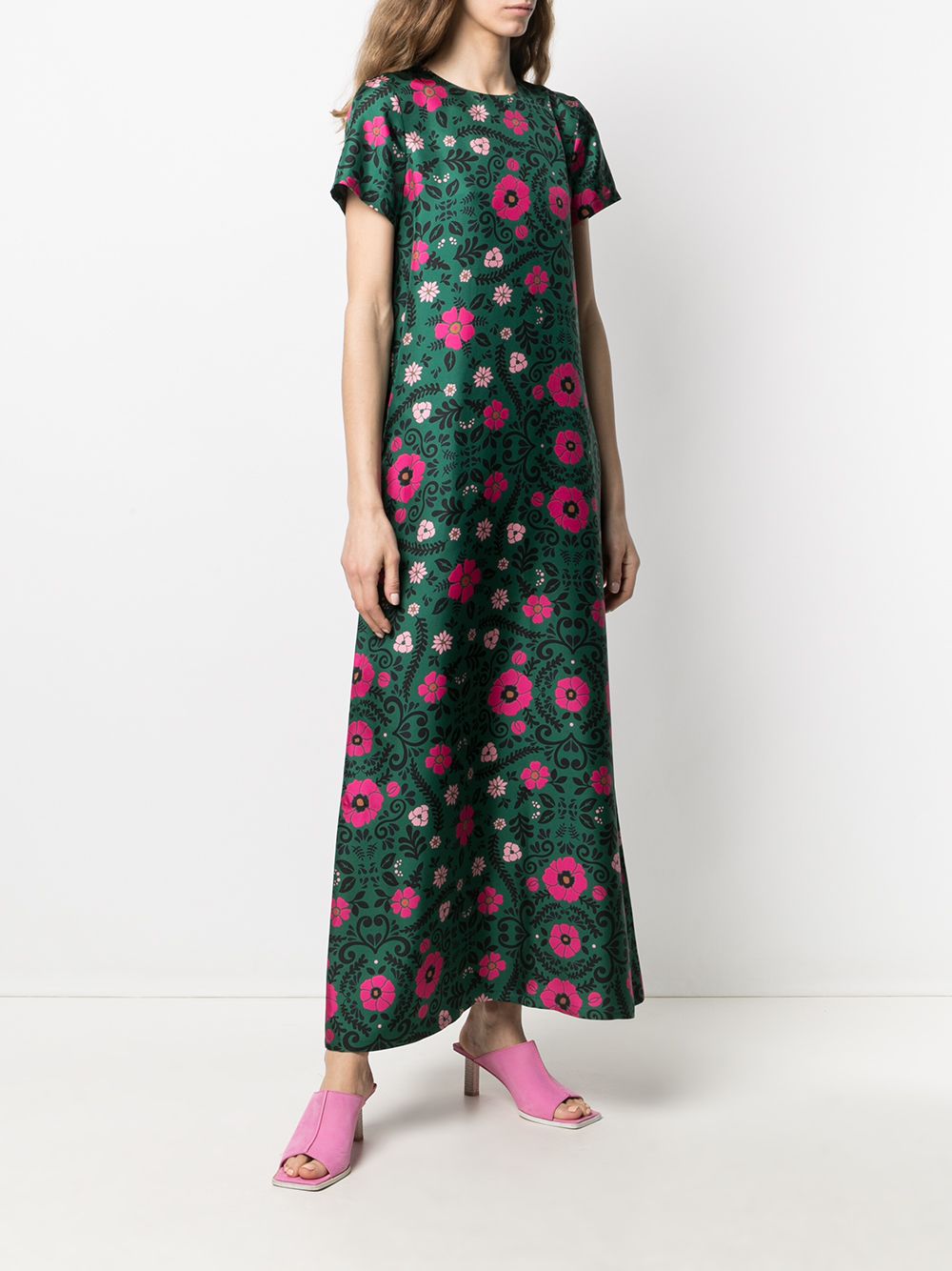 Shop La Doublej Floral Midi Silk Dress In Green