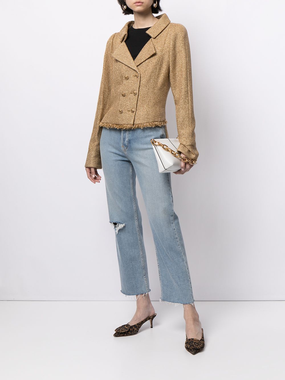 Pre-owned Chanel Frayed Hem Double-breasted Blazer In Yellow