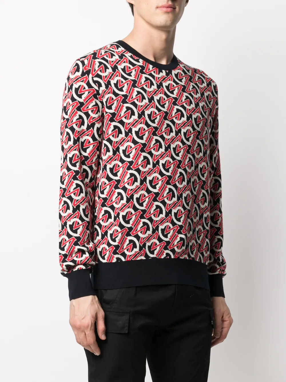 Moncler Men's Logo Jacquard Crew Sweater In Blue