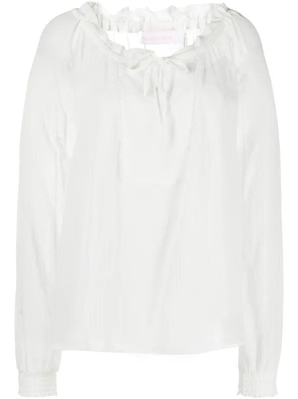 white tie neck long sleeve blouse