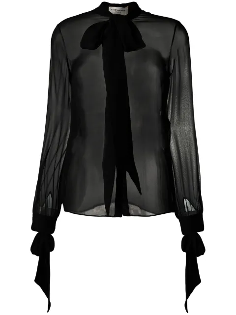 Saint Laurent blusa traslúcida con lazo en el cuello