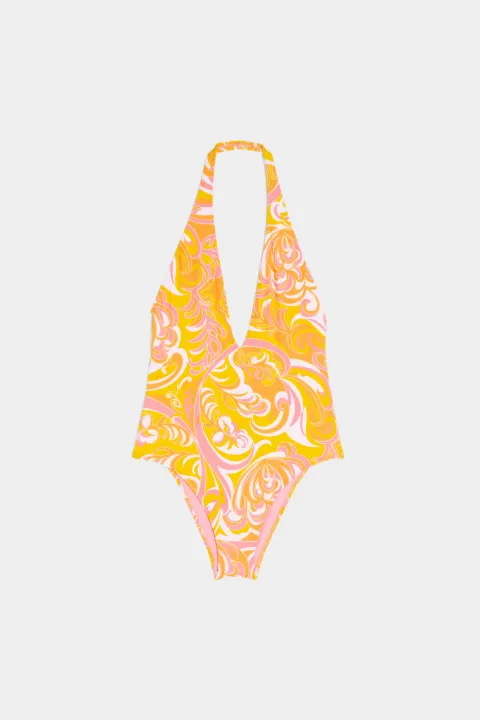 yellow bikini with white flowers