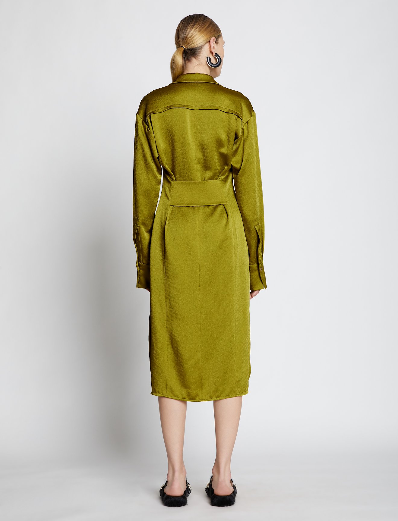 Hammered Satin Long Sleeve Dress in green | Proenza Schouler