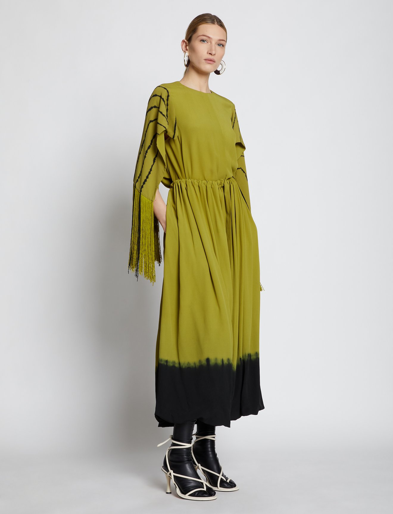 Tie Dye Fringe Gathered Dress in green | Proenza Schouler