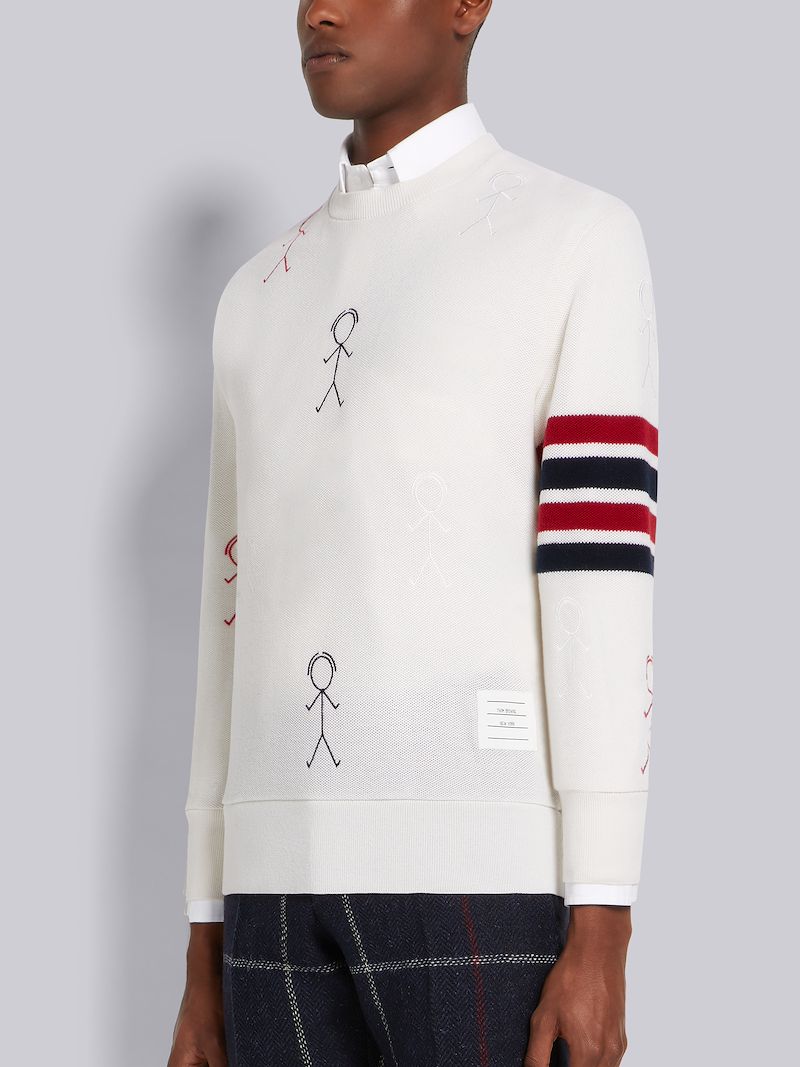 White Cashmere Pique 4-Bar Mr. Thom Half Drop Embroidered Sweatshirt
