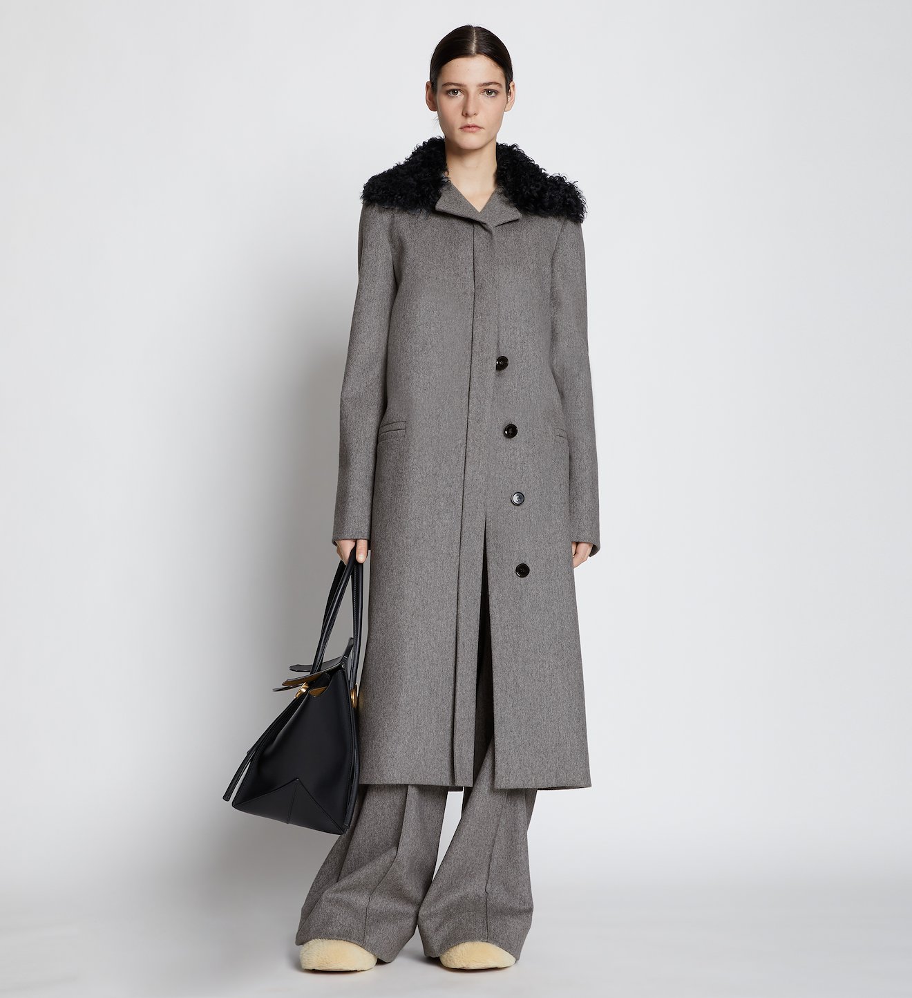Melange Virgin Wool Shearling Collar Coat
