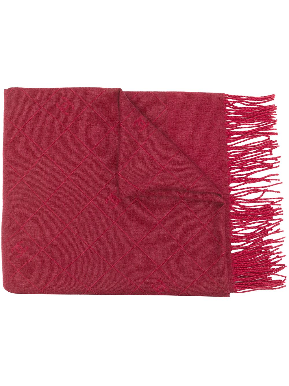 Pre-owned Chanel Cc Diamond-stitched Fringed Scarf In Red