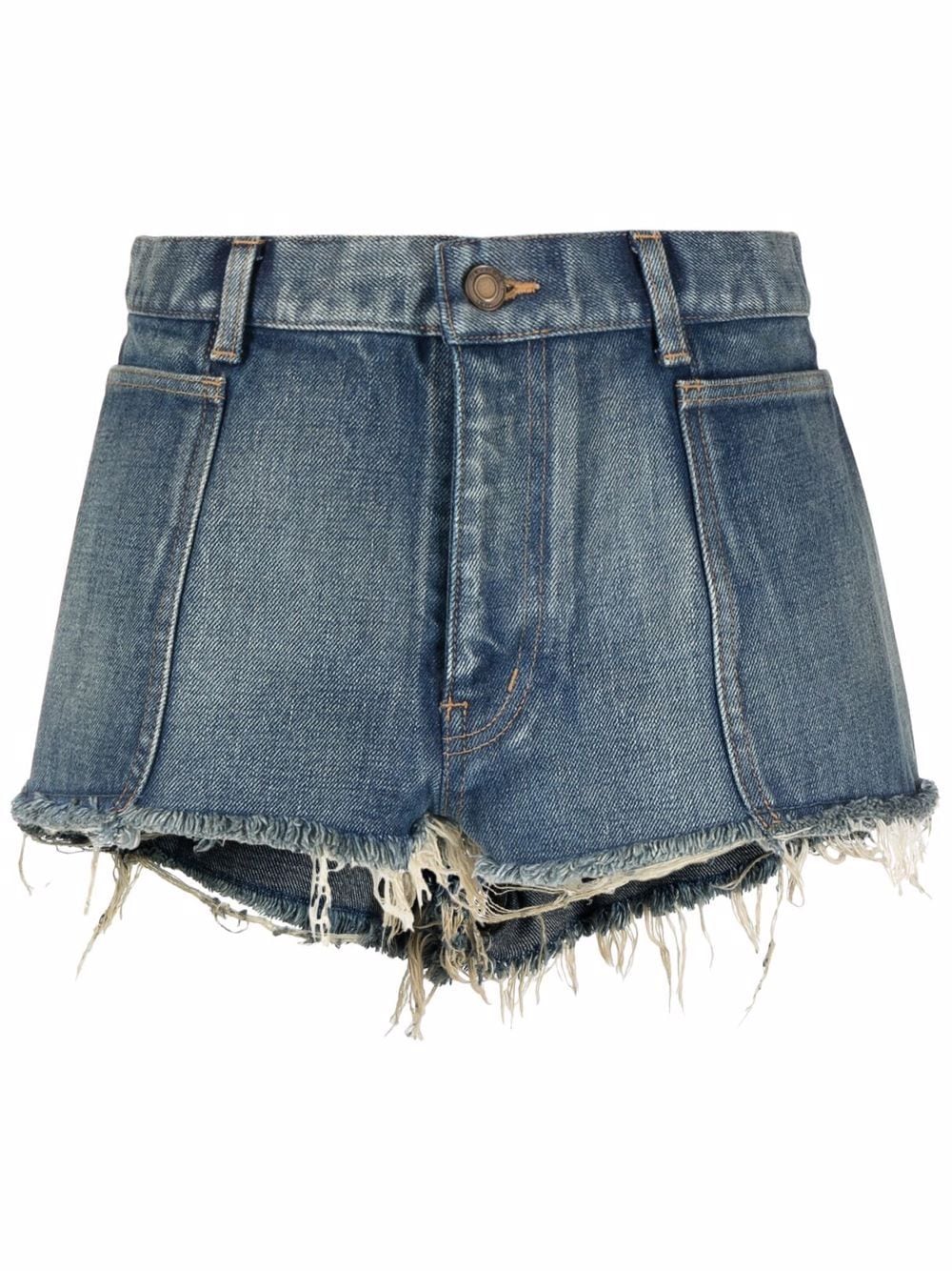 Shop Saint Laurent Distressed Denim Shorts In Blue