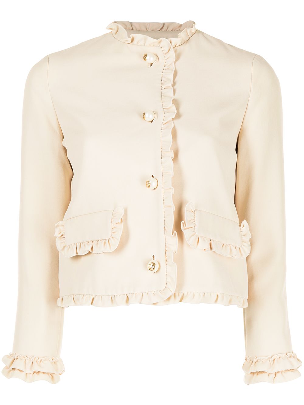 Pre-owned Gucci Ruffle Trimmed Collarless Jacket In White