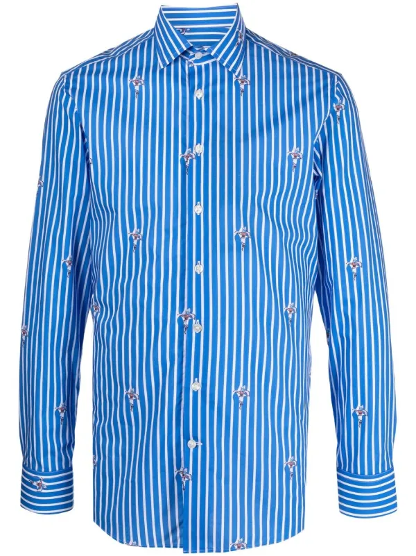 blue and white striped button up shirt