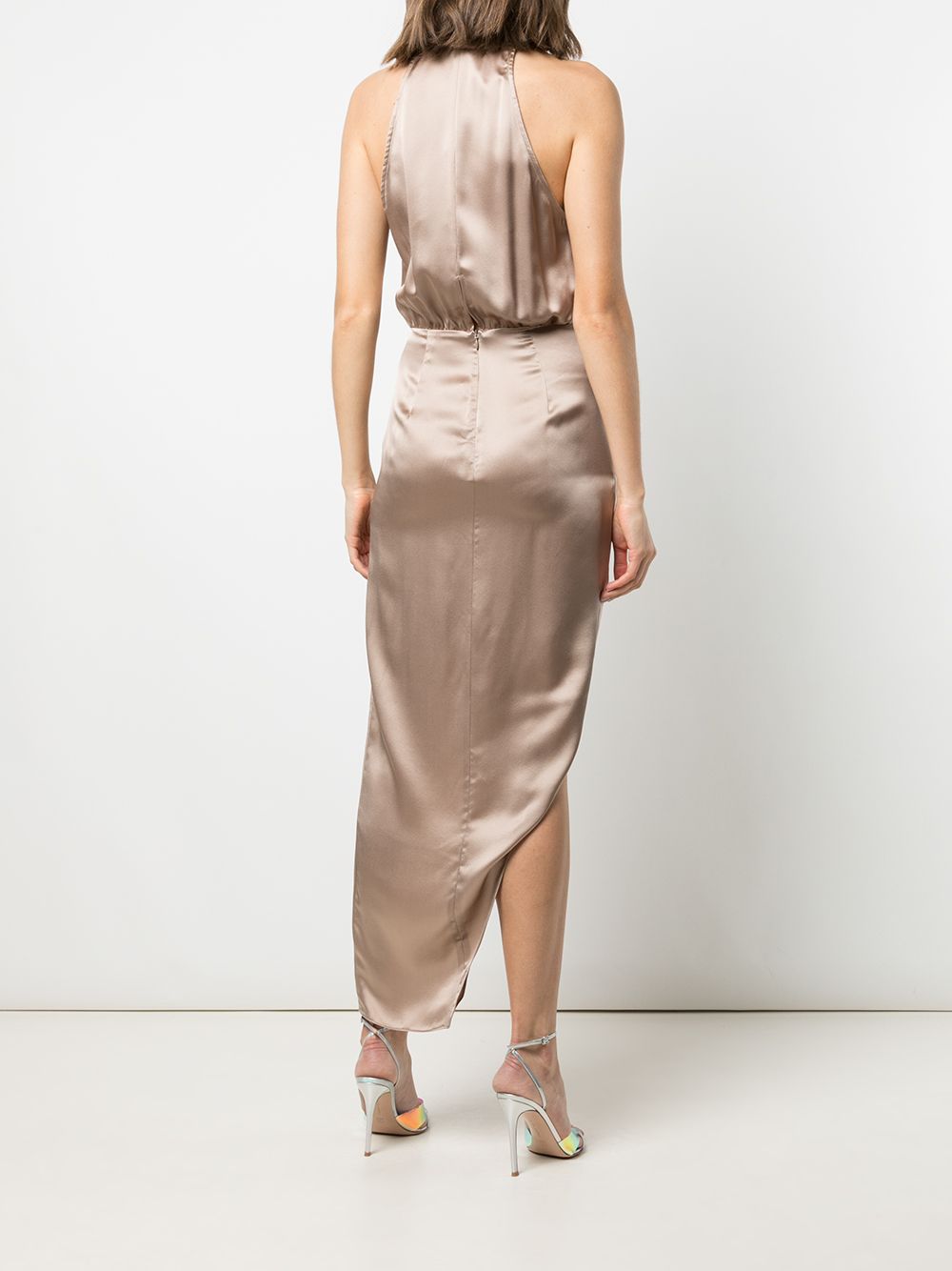Shop Michelle Mason Asymmetric Halterneck Silk Dress In Brown