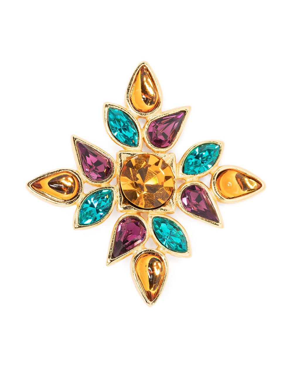 Pre-owned Saint Laurent 1990s Crystal-embellished Flower Motif Brooch In Gold