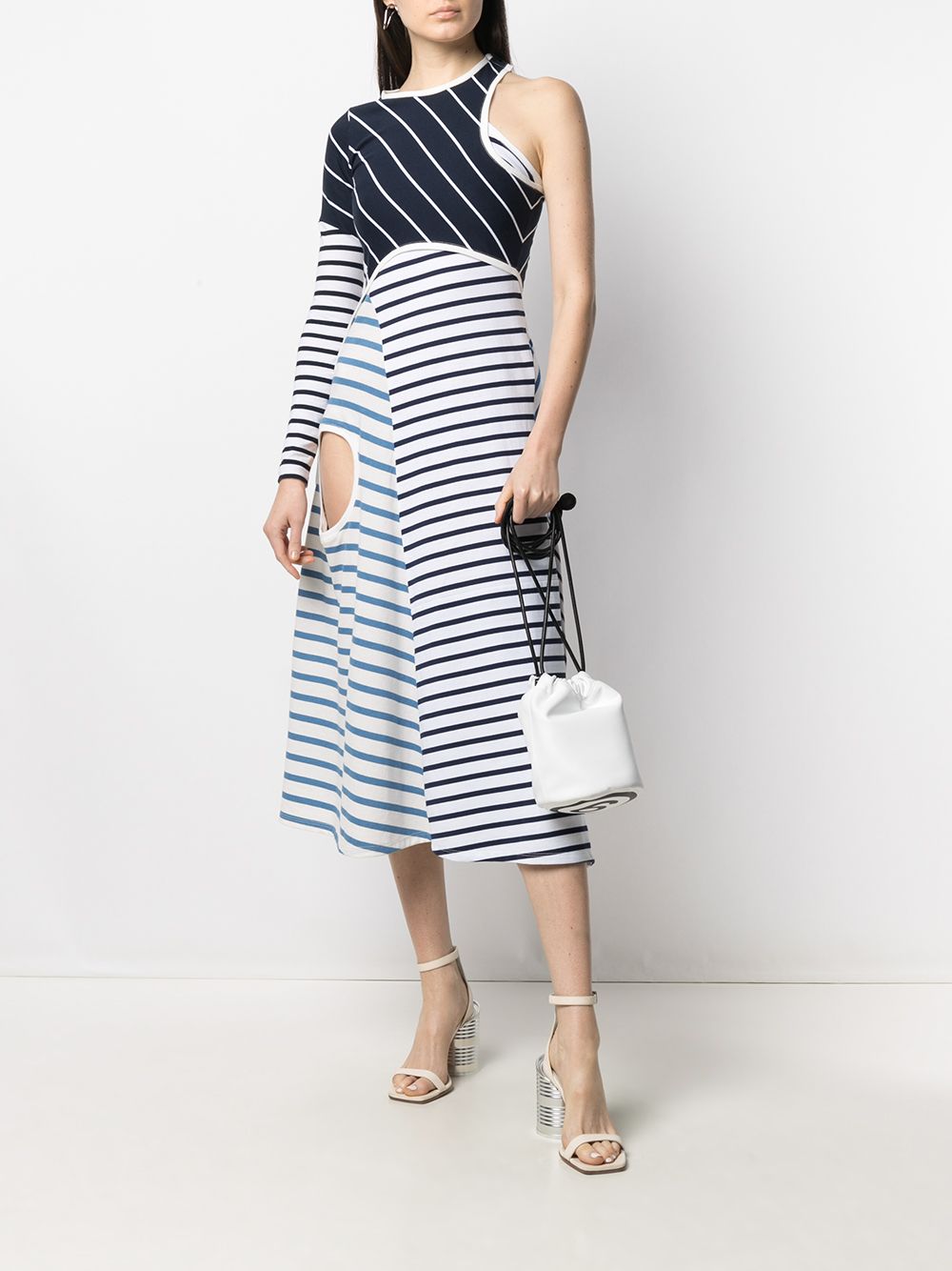 Shop Marine Serre Striped Cut-out Asymmetric Dress In Blue