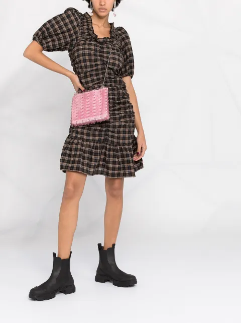 GANNI Seersucker Checked Ruched Mini 