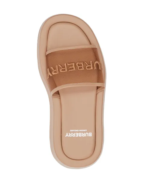 embroidered logo mesh and leather slides