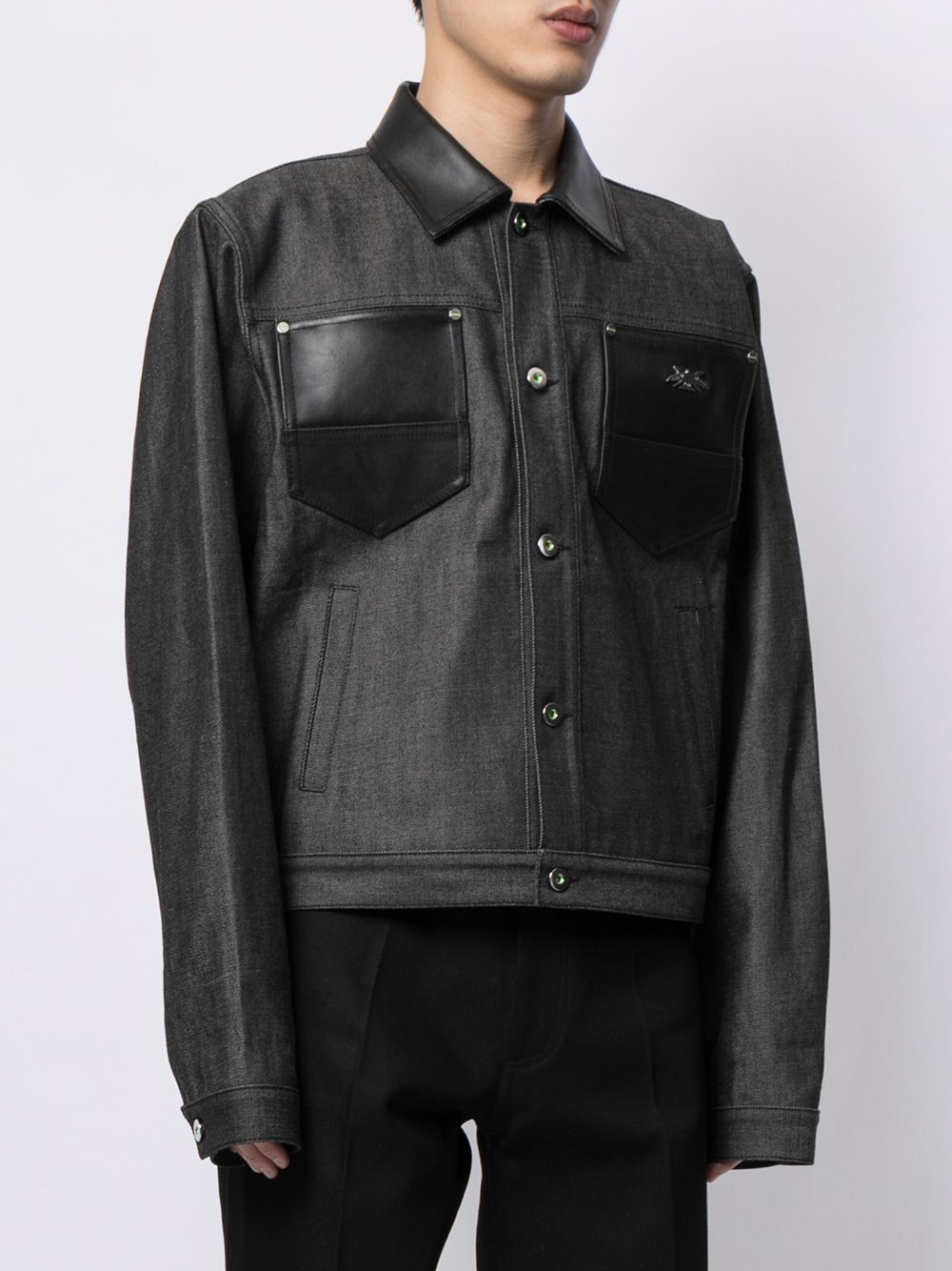 Shop Sankuanz Leather-trimmed Denim Jacket In Black