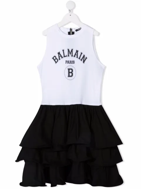 Balmain Kids فستان بتنورة بكرانيش وطبعة شعار الماركة