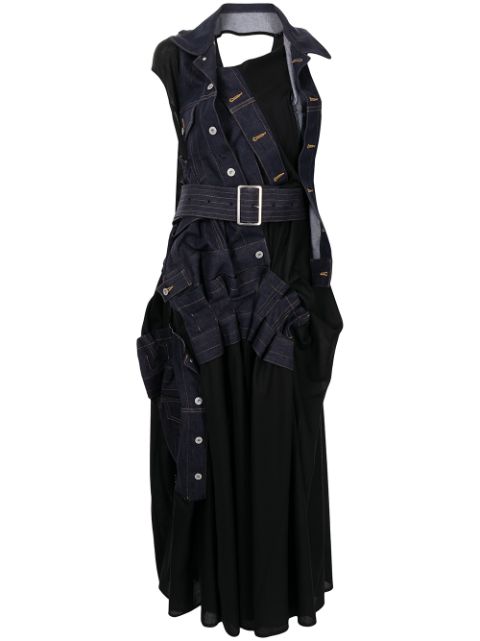 Shop black & blue Junya Watanabe belted flared panelled dress with Express Delivery - Farfetch