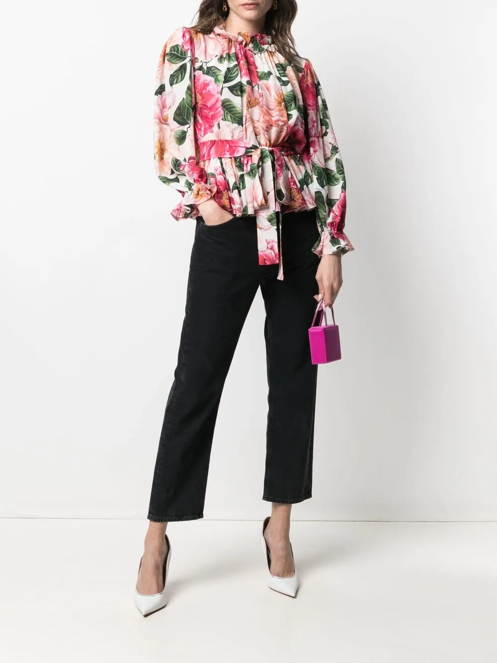 фото Dolce & gabbana рубашка с оборками и принтом camellia