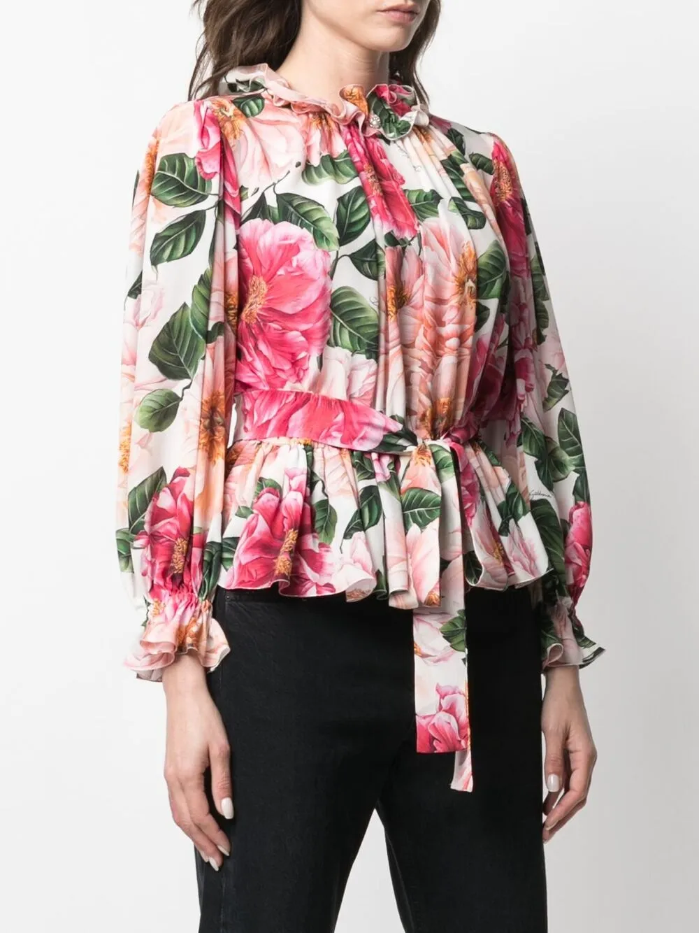 фото Dolce & gabbana рубашка с оборками и принтом camellia